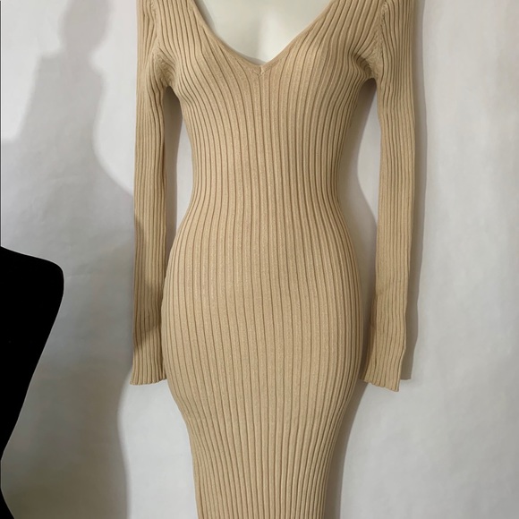 Soft Taupe Off The Shoulder Knit Midi Dress - Picture 7 of 8